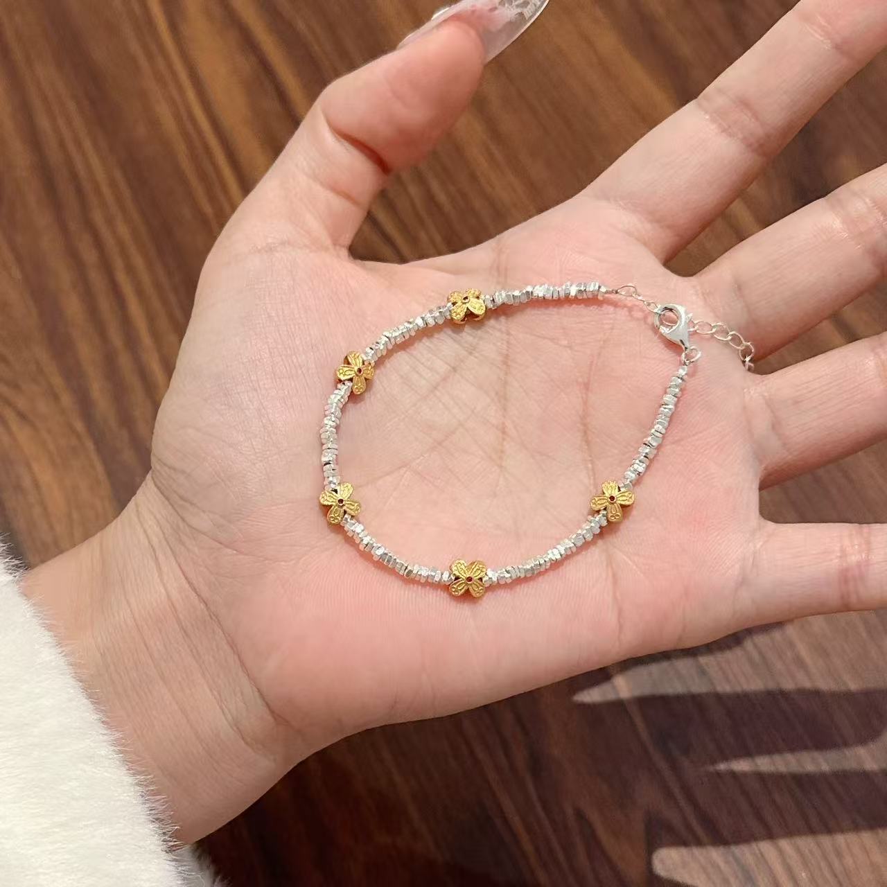 1pc 999 Sterling Silver Gold Flower Charm Bracelet, Chinese Style, Perfect For Daily Wear And Valentine's Gift