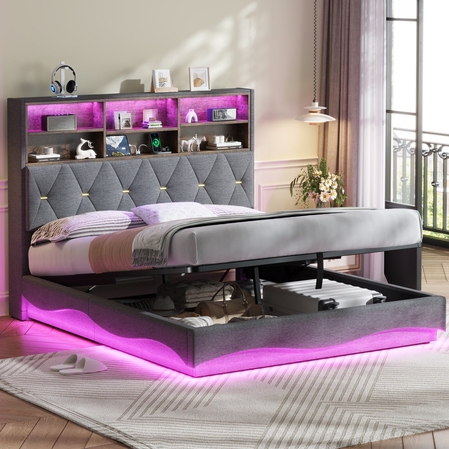 5ft King Upholstered Bed Frame With Hydraulic Storage, Wavy LED Heightened Headboard With Charging Station, USB And Type - C Ports, Linen, No Box Spring Needed, Grey  No Mattress