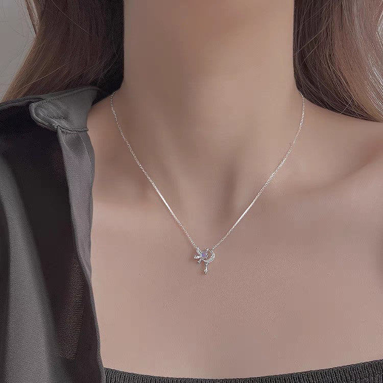 1pc 999 Sterling Silver Diamond Moon Star Bow Pendant Necklace, Delicate Sweet Style, Perfect For Daily Wear & Valentine's Gifts