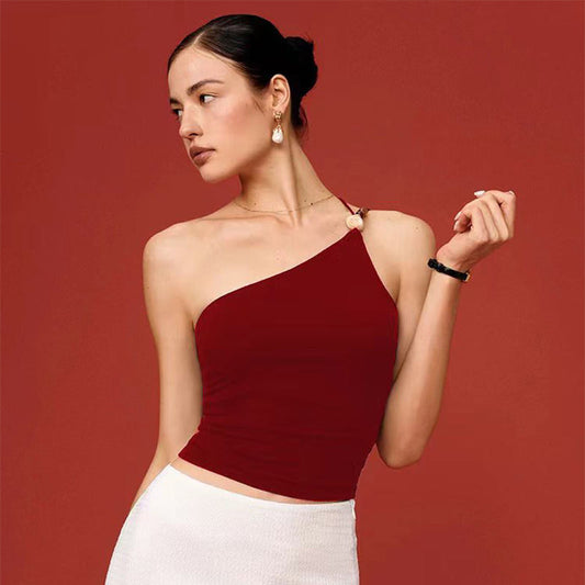 Yoga Tank Top With A Single-shoulder Strap Adorned With Gemstone Accents