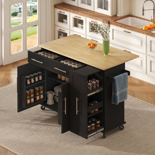 Kitchen Island With Drop Leaf, Storage Trolley With 3-tier Pull-out Cabinet Organizer, Internal Storage Rack, Rolling Cart With Towel Holder & 2 Drawers For Dining Room, Black