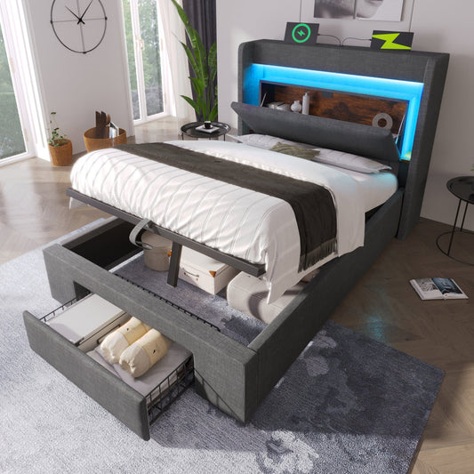 Upholstered Bed 90x200 Cm With Hydraulic Storage And Headboard With Storage Compartment, LED Lighting And USB & USB-C Connection, Wooden Slatted Bed Frame, Grey, Linen, Without Mattress