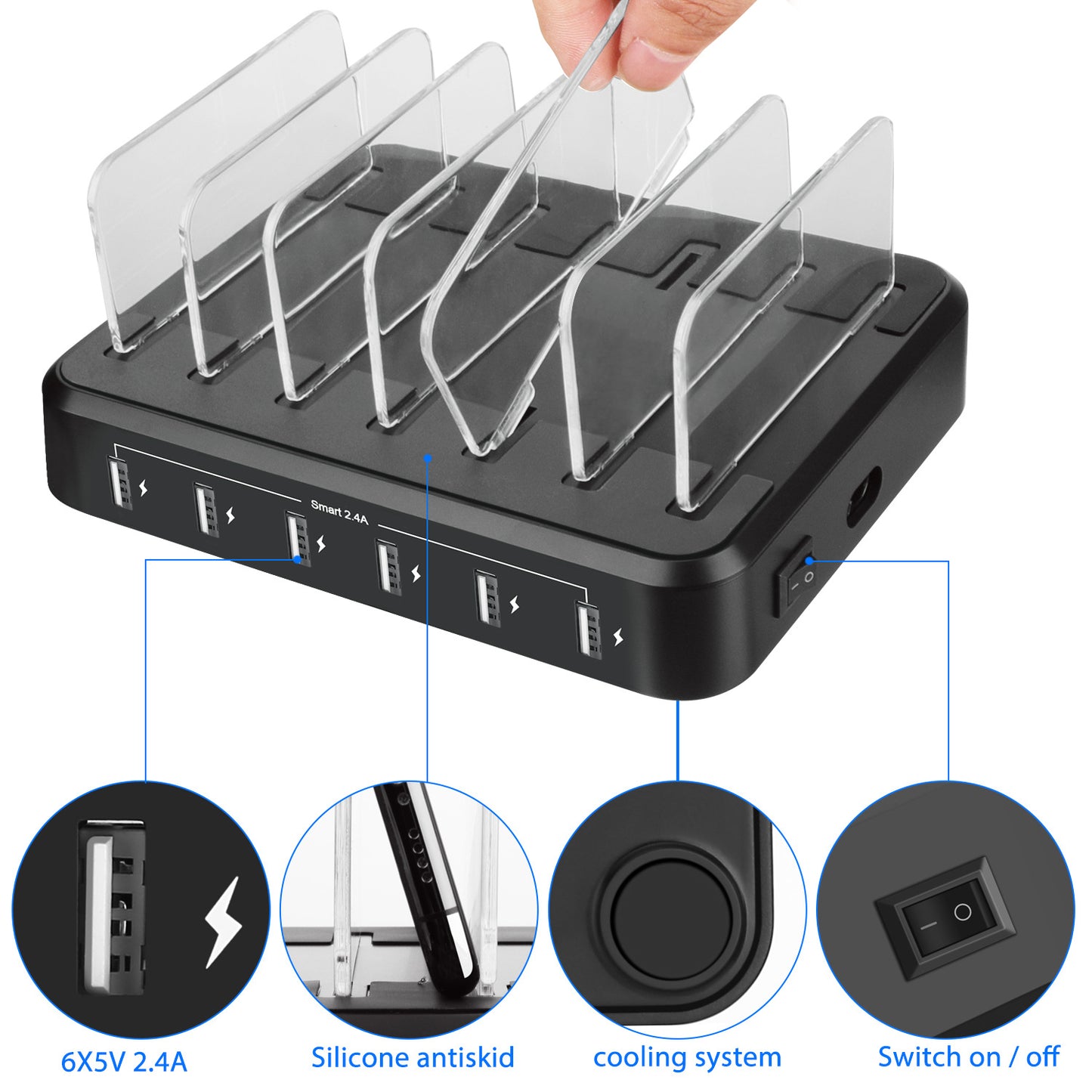 6-port 60W Charger USB Multi-port Charging Station