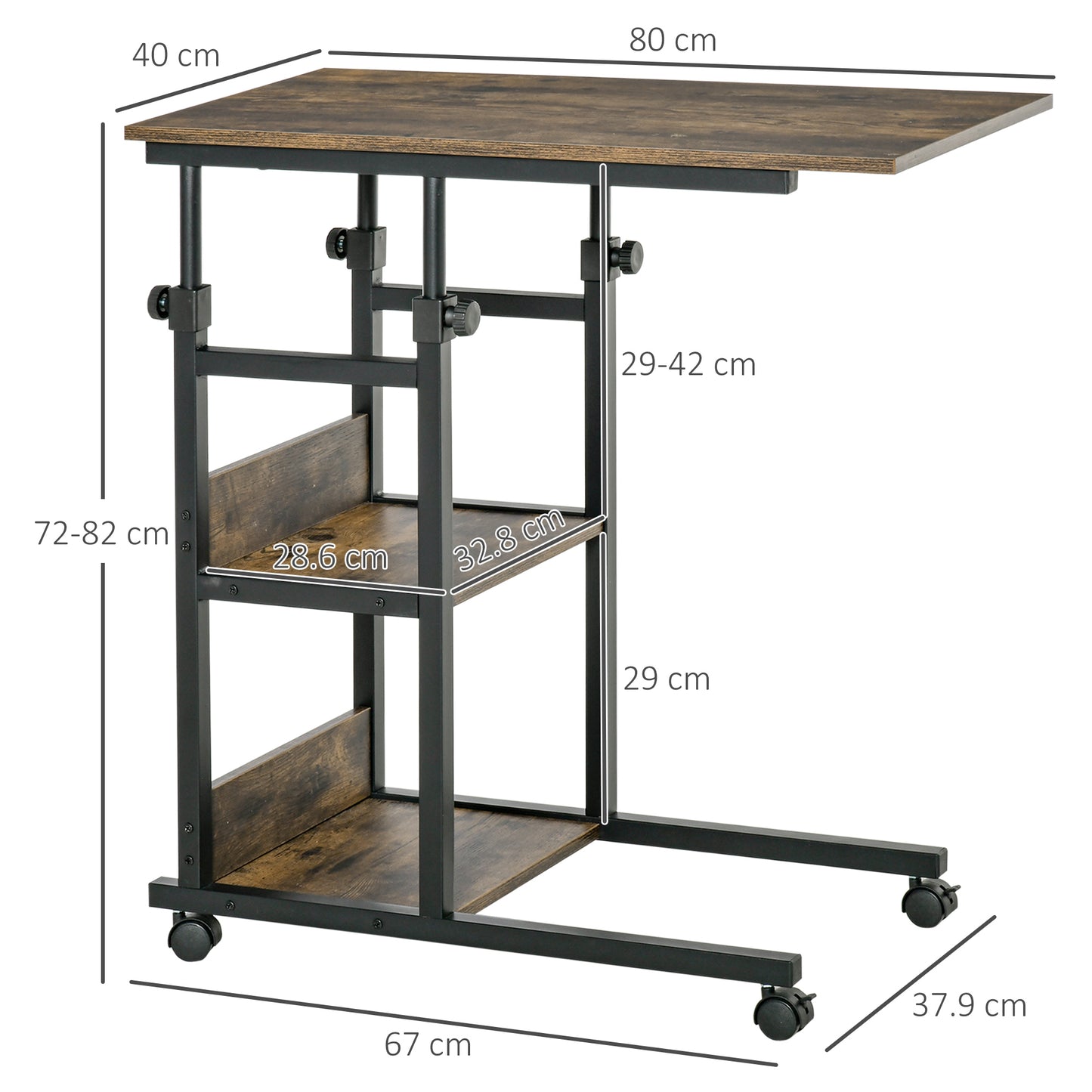 C-Shaped Side Table Industrial Mobile Rolling End Desk With 3-Tier Storage Shelving, Adjustable Height, Wheels