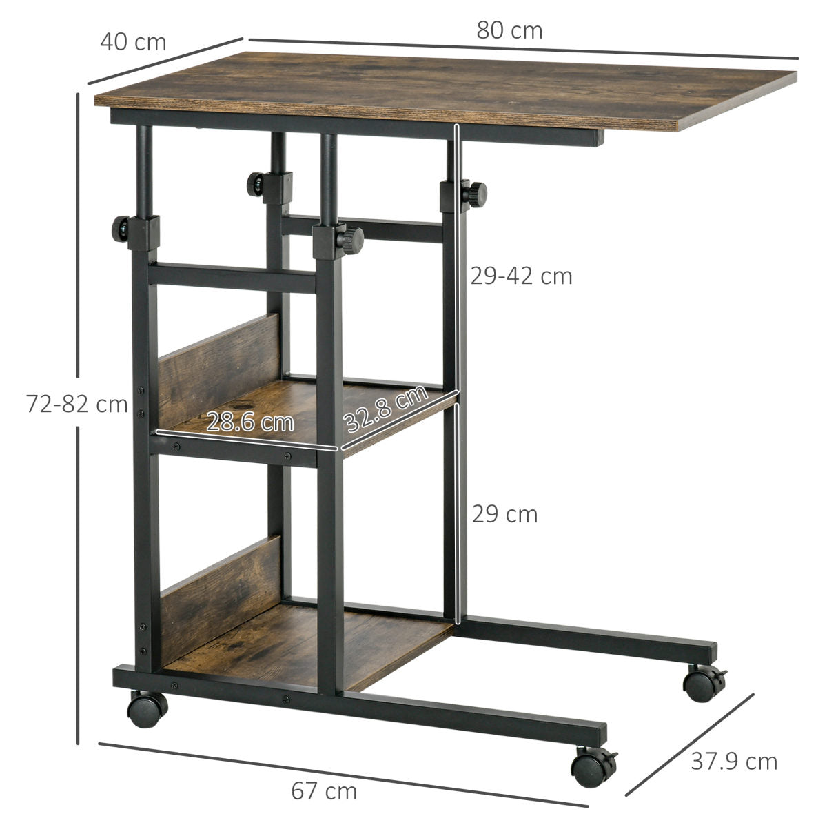 C-Shaped Side Table Industrial Mobile Rolling End Desk With 3-Tier Storage Shelving, Adjustable Height, Wheels