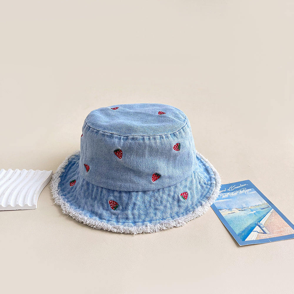 Retro Washed-edge Denim Fisherman Hat With Embroidered Strawberry Flowers And Washed-edge Trim. Outdoor Casual Sun Hat