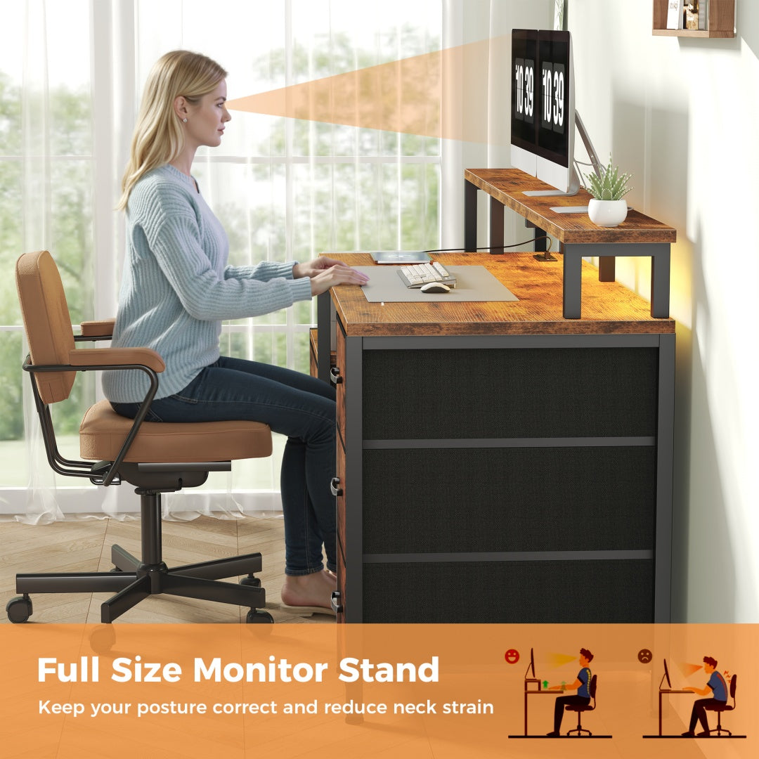 67-inch Computer Desk, Equipped With 5 Drawers And A Monitor Stand. The Gaming Table Comes With LED Lights And Power Sockets. The Printer Cabinet.