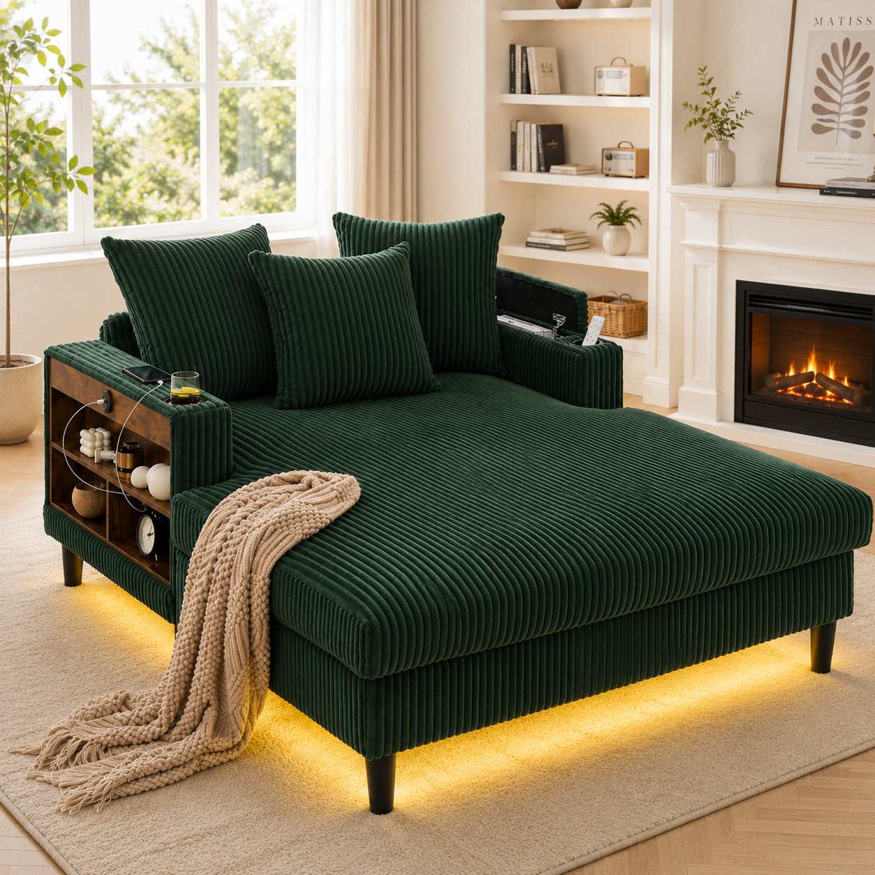Multifunctional Corduroy Lounge With Chaise Longue With Large Lying Surface, Cup Holders On Both Sides, LED Lighting, Side Pocket, Storage Space, USB Charging Port, Sturdy Plastic Feet  Versatile.