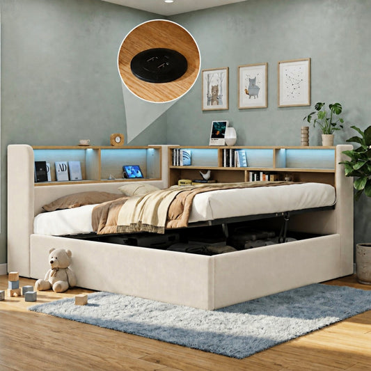 Daybed, L-shaped Upholstered Hydraulic Lift-Up Storage Bed, Sofa Bed With Storage, LED, USB Charging Port, 4FT6 Double Bed 135x190cm, Hydraulic Storage Bed Frame, Velvet, Beige