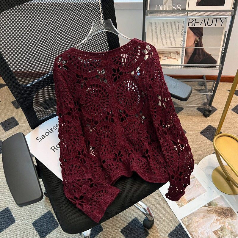 Crochet Hollow-Out Neck Knitted Cardigan Coat Womens New Arrival Top