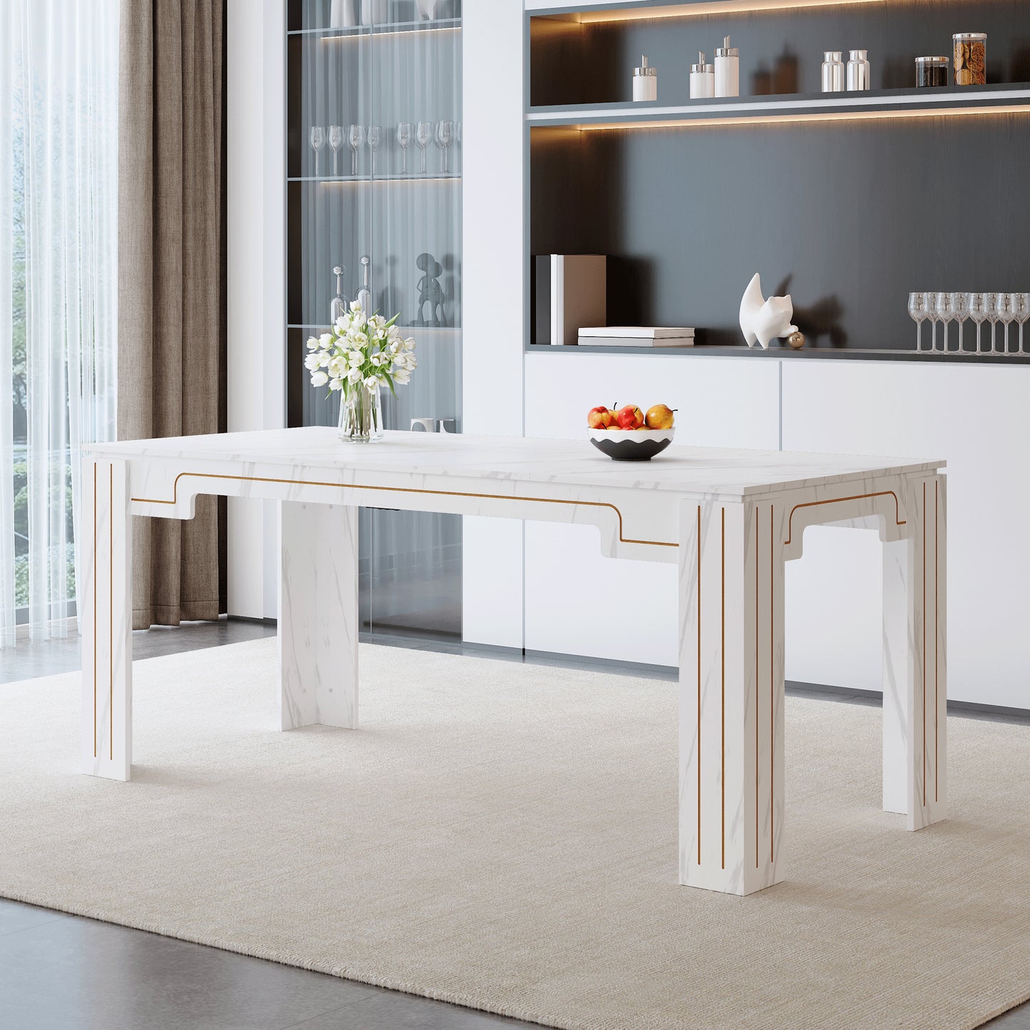 71 X 31.5 Inch White Marble Patterned MDF Spliced Tabletop Dining Table With Grooved Legs Design. Home Dining Table, Suitable For 6-8 People. Flexible Adaptation To Restaurants, Living Rooms, Etc.