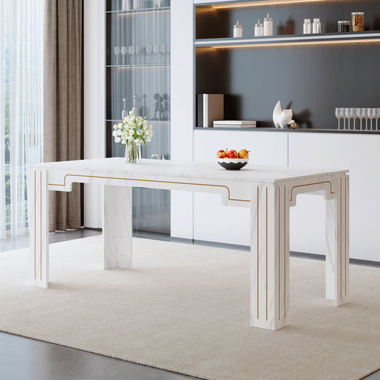 71 X 31.5 Inch White Marble Patterned MDF Spliced Tabletop Dining Table With Grooved Legs Design. Home Dining Table, Suitable For 6-8 People. Flexible Adaptation To Restaurants, Living Rooms, Etc.