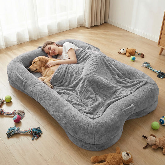 Human Dog Bed Washable Large Size Non Slip Bottom Comfortable Plush Giant Size Dog Bed With Blanket And Pocket For Home