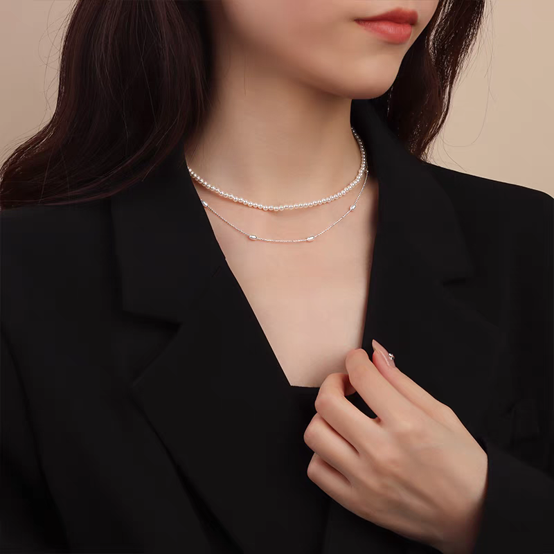 1pc 999 Sterling Silver Double-Layer Natural Pearl Thin Chain Necklace, Minimalist Elegant Style, Perfect For Daily Wear & Valentine's Gifts