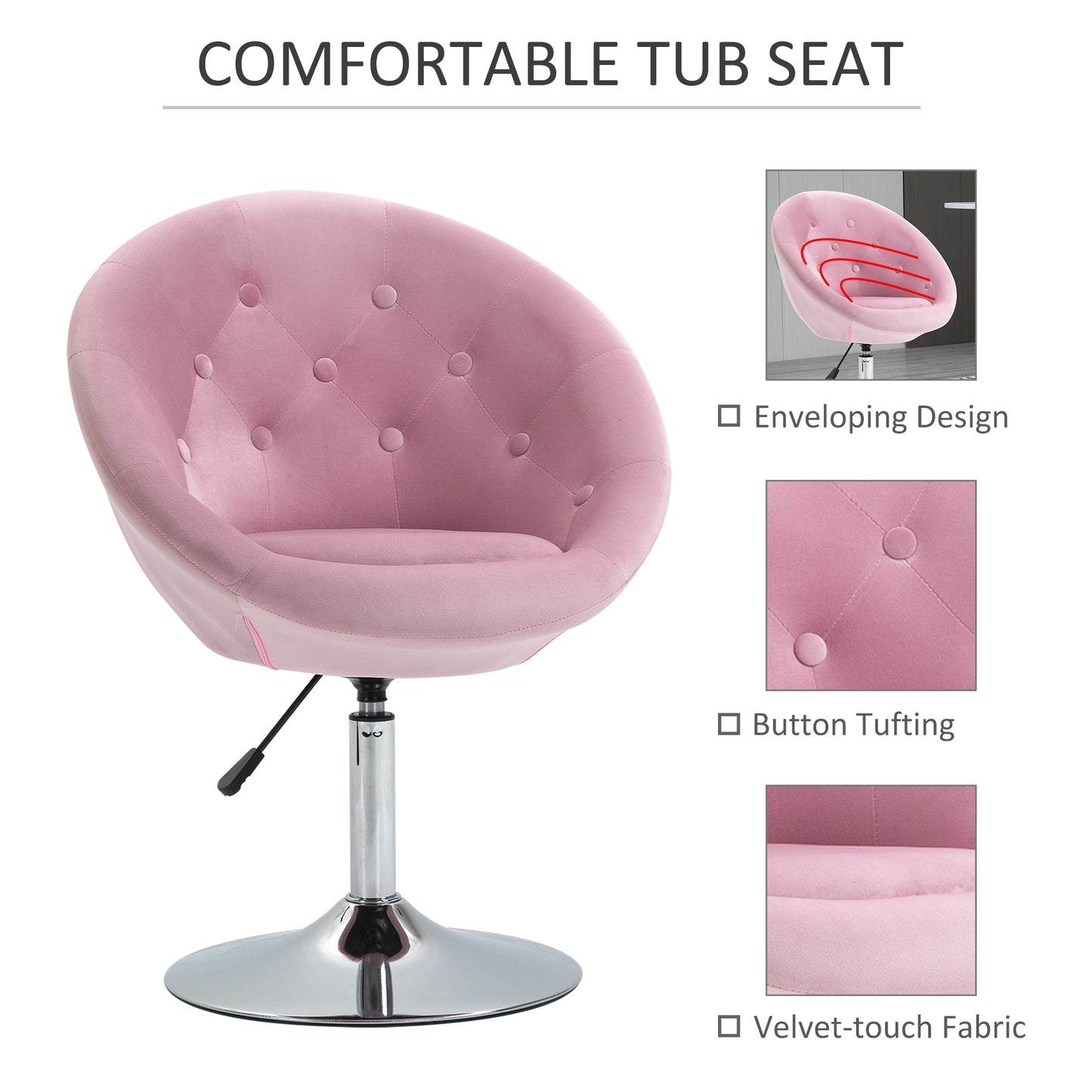Modern Makeup Vanity Chair Round Tufted Swivel Accent Chair with Chrome Frame Height Adjustable, Pink