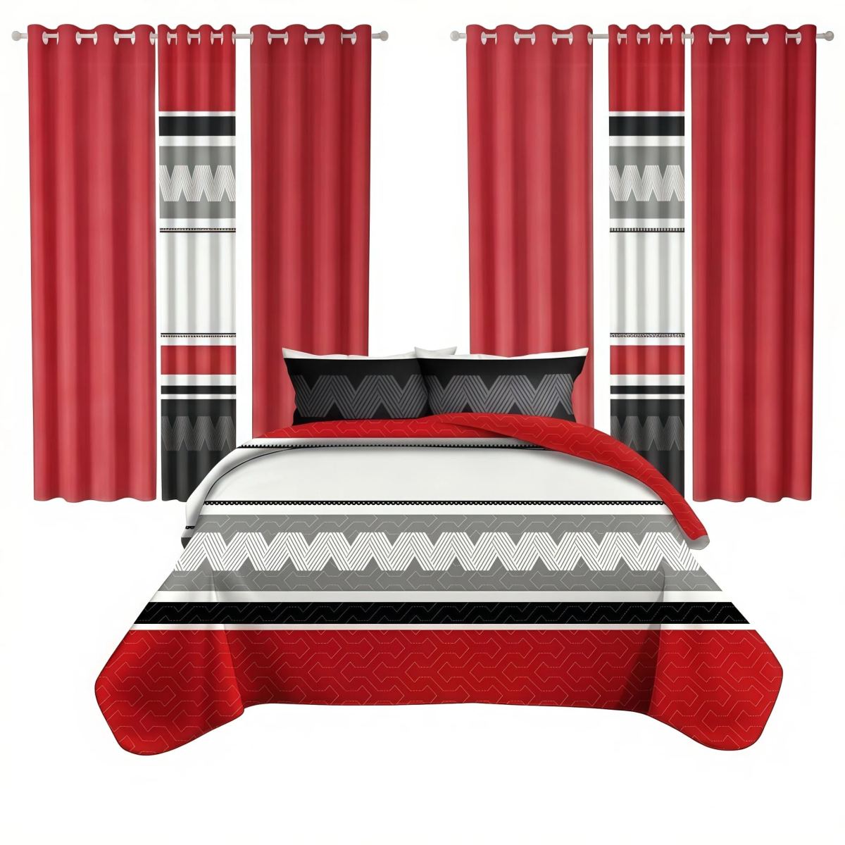 9 Piece Room In A Bag Quilt And Curtain Set, US Designer Red And Black Geometric Chevron Heavyweight Bedspread With 6 Customizable Window Panels, Pet-Friendly High GSM Coverlet
