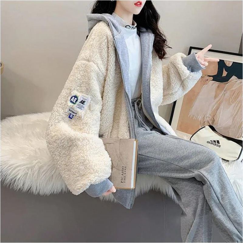 Korean-style Loose-fitting Hooded Color-block Patchwork Fleece Coat For Women