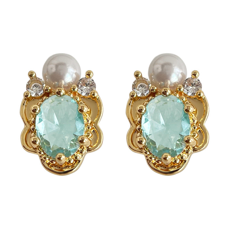 New Aquamarine 14K Gold Plated Micro Paved Zircon Stud Earrings, Literary Vintage Creative Design Versatile Daily Commute Fashion Ear Jewelry