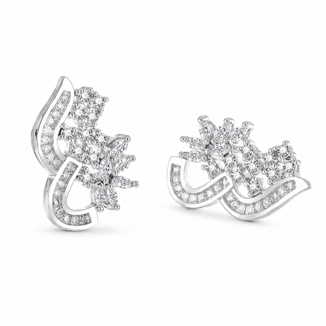 Irregular Curved Intertwined Flower Paved Clear CZ Stud Earrings For Women, Copper Silver Plated Marquise Crystal Vintage Wedding Party Statement Jewelry Gift