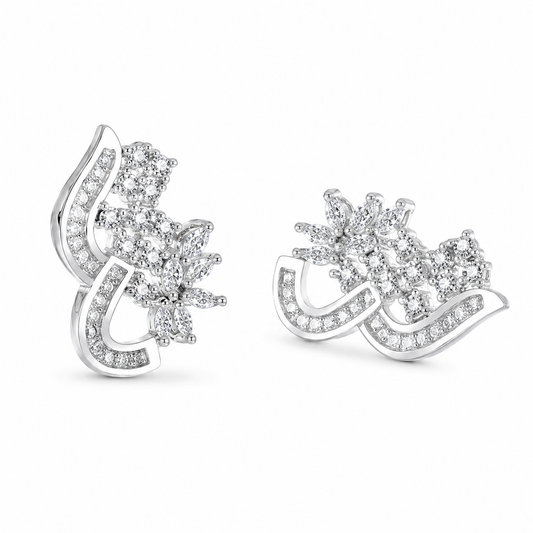 Irregular Curved Intertwined Flower Paved Clear CZ Stud Earrings For Women, Copper Silver Plated Marquise Crystal Vintage Wedding Party Statement Jewelry Gift