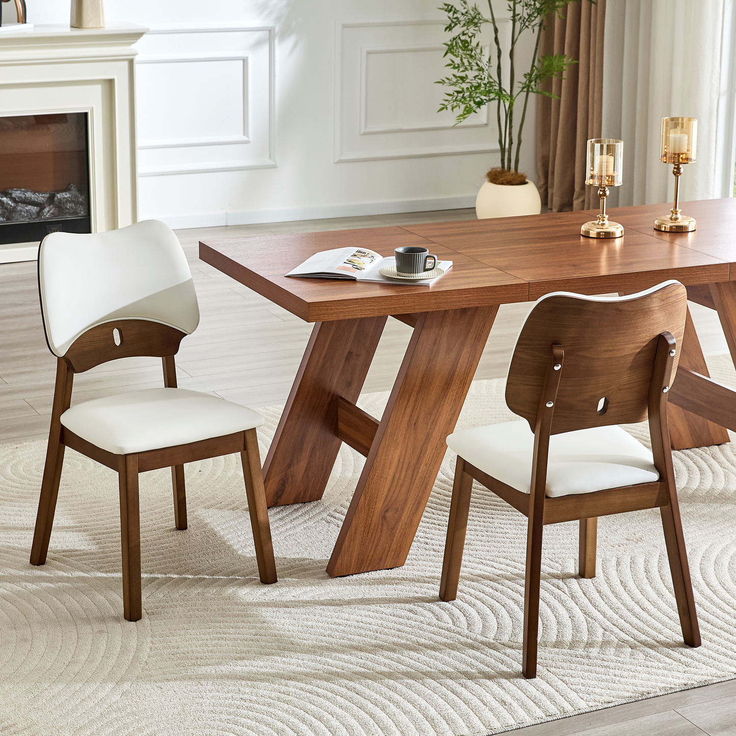 2 Walnut Colored Solid Wood Dining Chairs, With White PU Soft Packaging On The Backrest And Seat Cushion, Hollowed Out Design Backrest, For Home Dining Chairs.