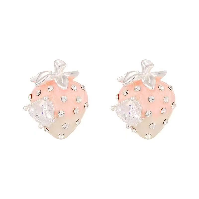 Strawberry Heart Zircon Stud Earrings For Women, Sweet Elegant Designer Jewelry,  Light Luxury Trendy Fashion Ear Accessories
