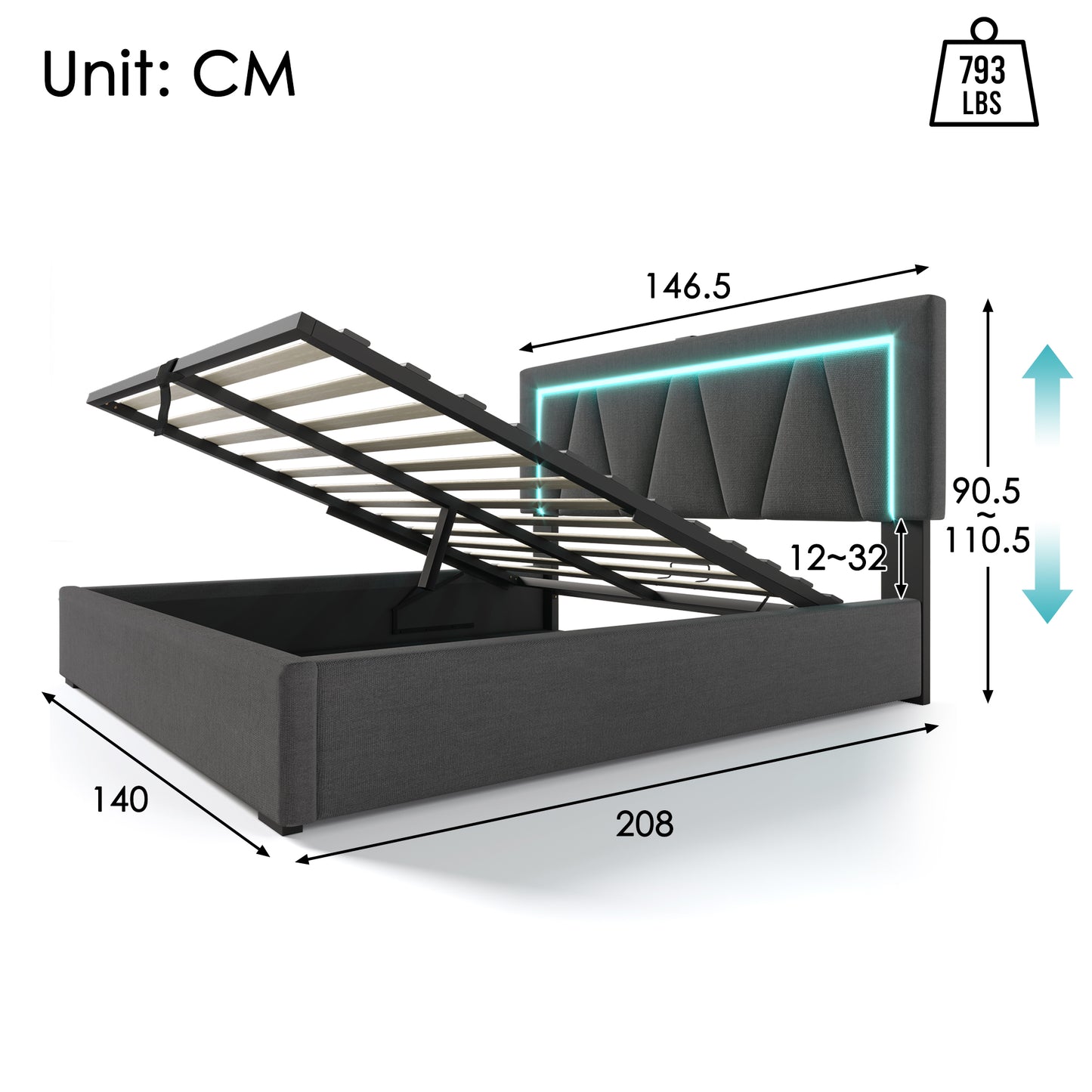 Upholstered Bed LED Double Bed With USB Type-C Charging Function And LED Lighting,Storage Beds Bed Frame Made Of Linen Material Youth Bed 140x200 With Slatted Base Without Mattress