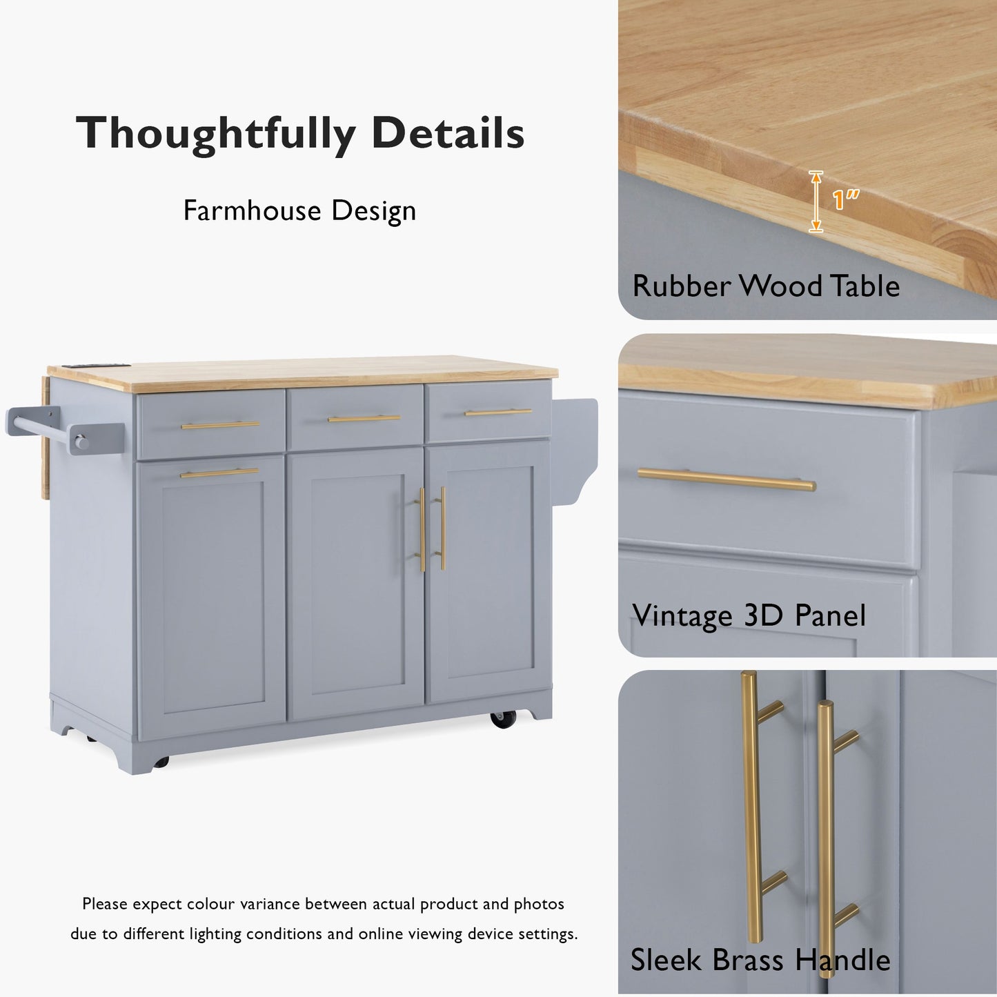 K&K 59.3  Kitchen Island With 2 Pull Out Cabinet Organizers & Rubber Wood Drop Leaf, Rolling Kitchen Island With Trash Can Storage, Power Outlet, Spice & Towel Rack For Kitchen, Dining, Grey Blue