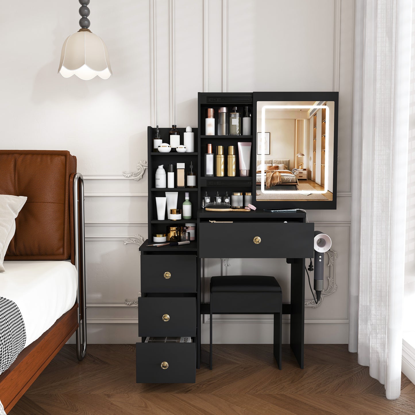 Modern Vanity Desk  Featuring 3 Modes Of LED Lighting With Adjustable Brightness   With 4 Drawers And Multiple Open Storage Shelves  With A Hair Dryer Holder And Power Socket   A Dressing Chair. Black
