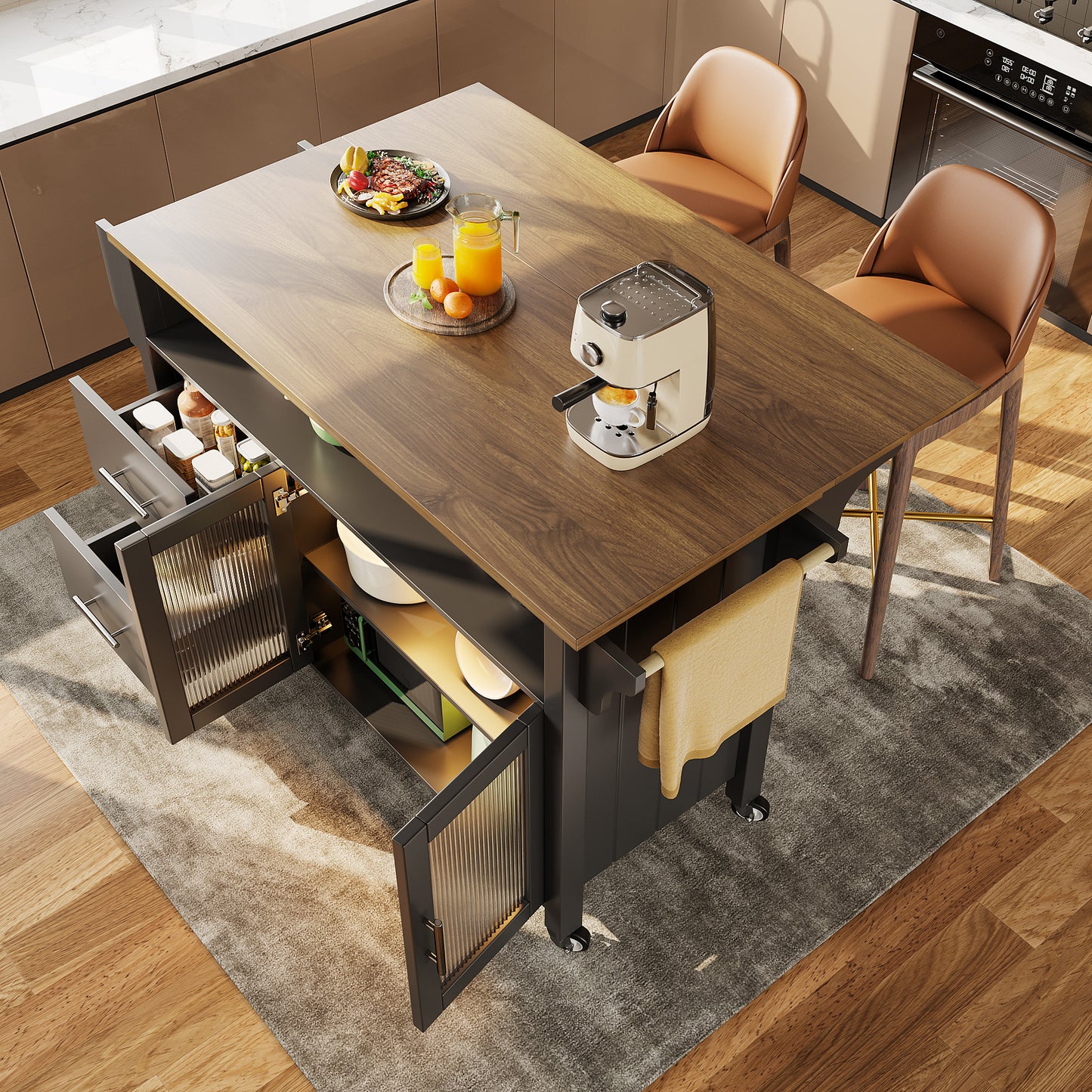 Kitchen Island With Removable Dividers, Dining Trolley With Worktop, Buffet Cabinet, Dining Trolley With Glass Display Case In Wood Grain, LED Lights, Side Towel Rail With Wheels, Black