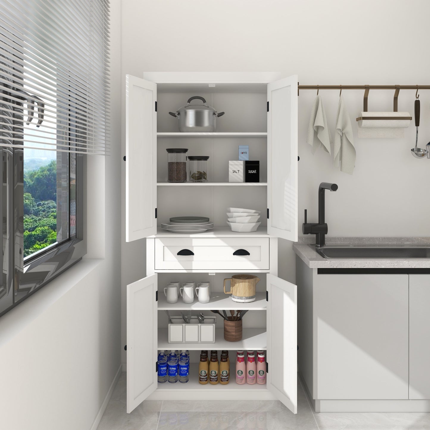 71 Kitchen Pantry Storage Cabinet , With 4 Doors, Drawer, 2 Adjustable Shelves, Freestanding Cupboard For Dining Room Living Room, Laundry-White