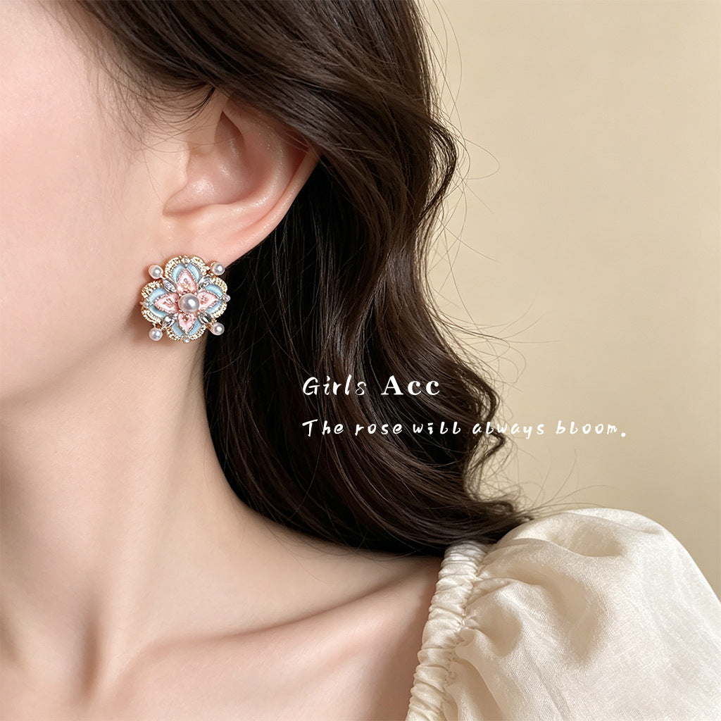 French Vintage Enamel Drip Flower Earrings - Premium Floral Stud Earrings, Elegant Retro Jewelry For Party Wear