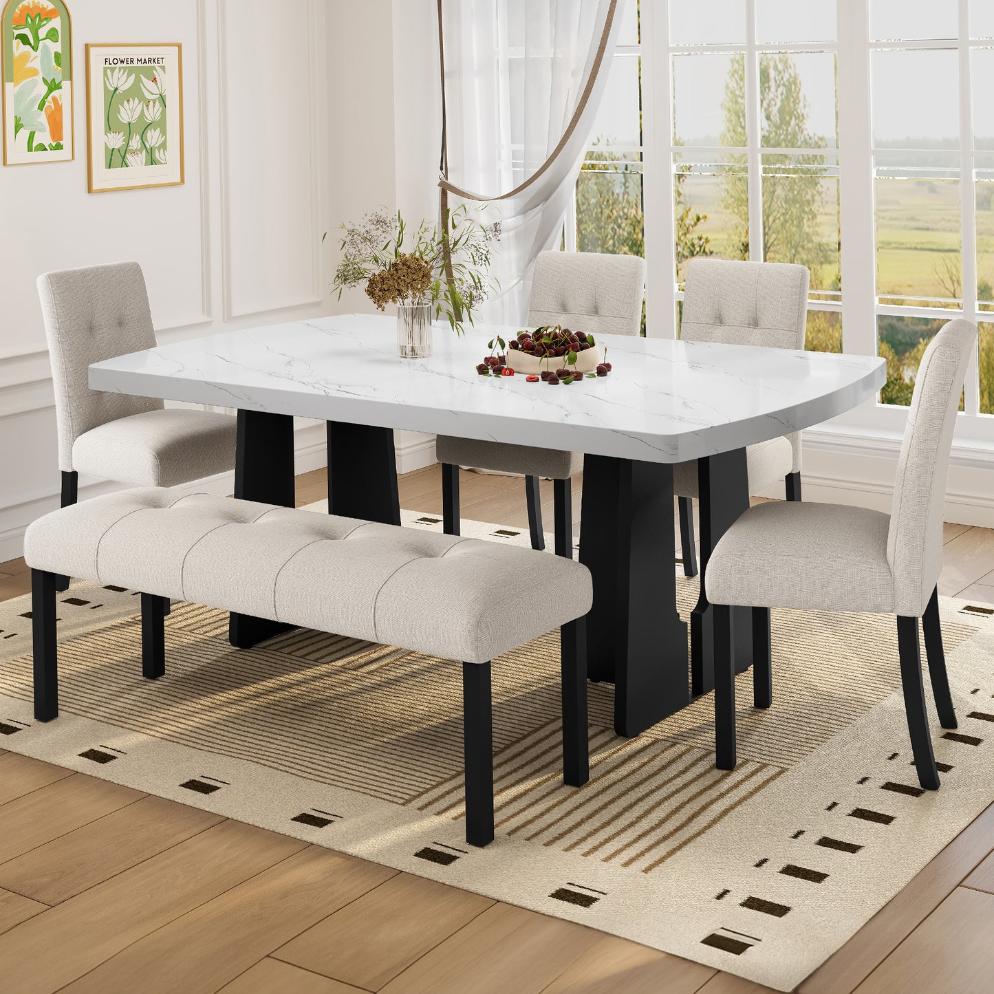 6 Piece Modern Dining Table Set, 63  Faux Marble Dining Table With Geometric Legs & 4 Upholstered Chairs & 1 Bench, Suitable For Dining Kitchen Room,Easy To Assemble, Beige   White