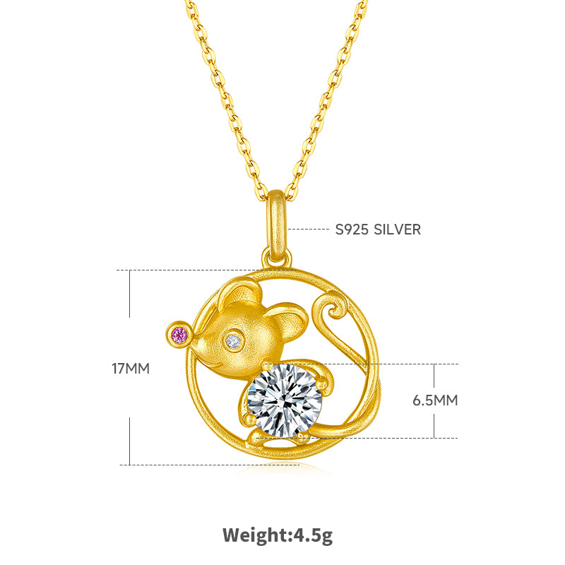 S925 Silver Gold Plated 1ct D Color VVS1 Moissanite Rat Necklace 4.5g Chinese Zodiac Benmingnian Gift GRA Certified Gift Box