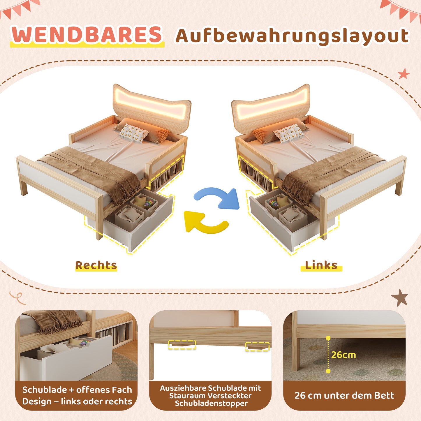 Children's Bed 140x200 Cm With Cat Ears, Headboard & RGB LED Lighting, Slatted Frame, Flexible Drawer & Storage Compartment Can Be Mounted Left Right, Child-proof Safety Gate, In White And Oak, Withou