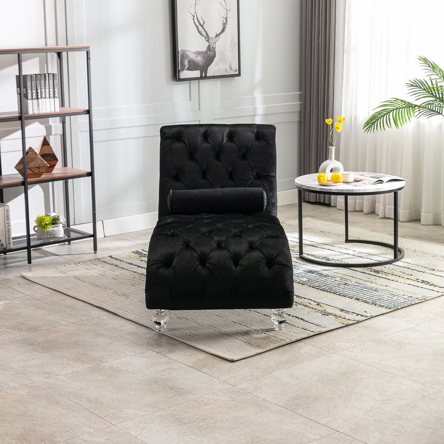 Velvet Chaise Lounge Indoor,Button-Tufted Upholstered Chaise Lounge Chair With Pillow For Bedroom Living Room Office  Black Velvet