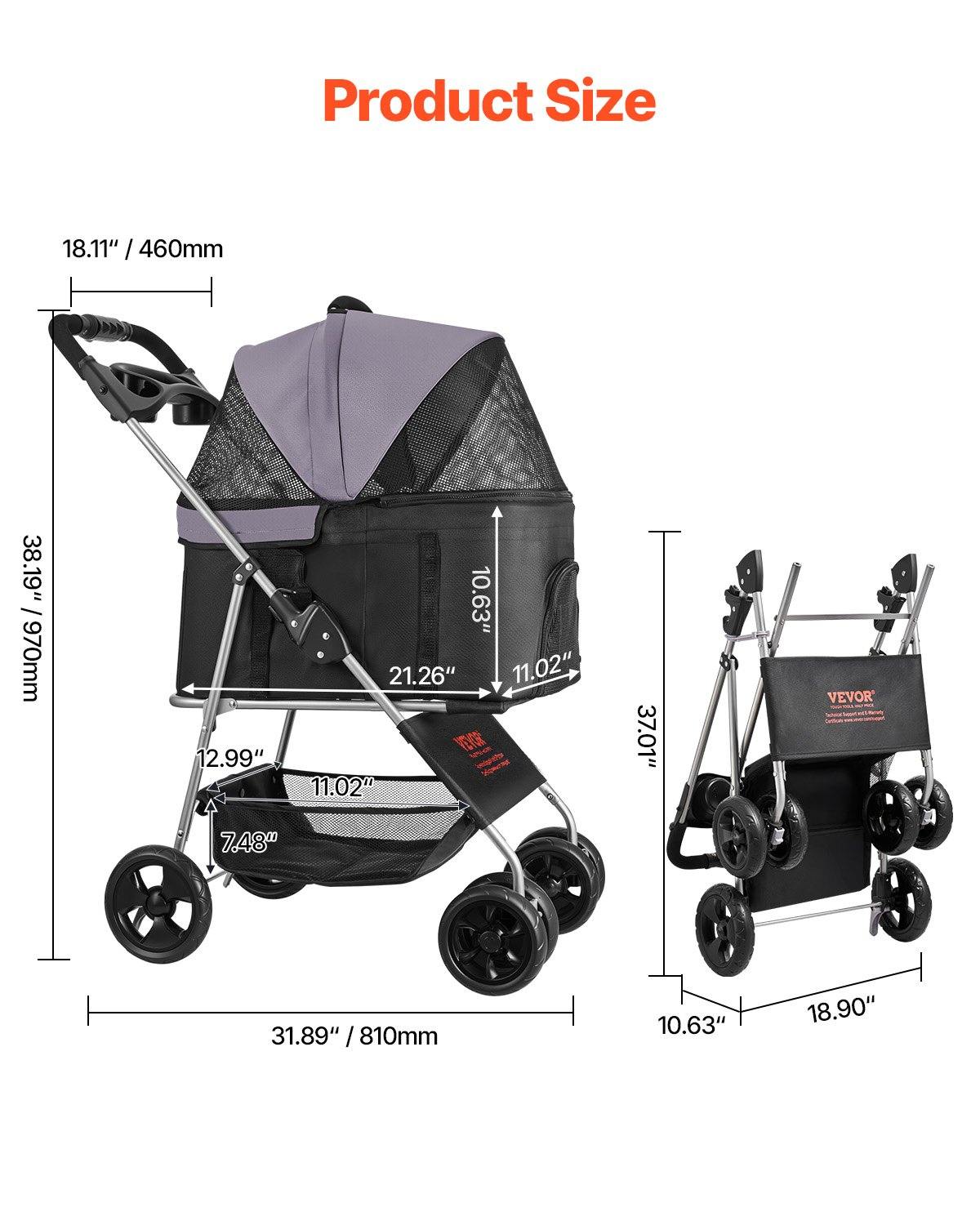 Pet Stroller Foldable 4 Wheels Dog Stroller Detachable Carrier Up To 35lbs