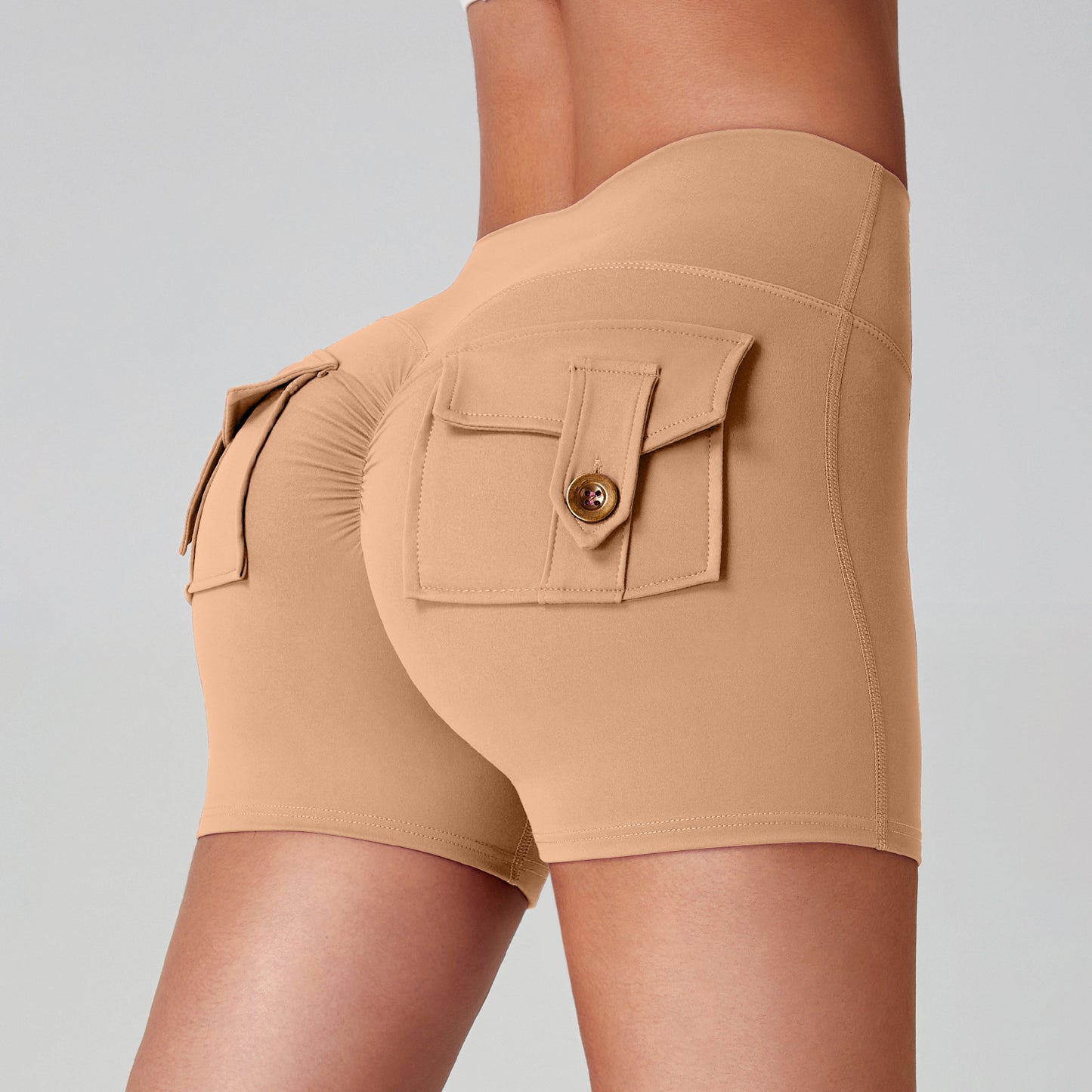 Women's High-Waisted Cargo Yoga Shorts With Pocket, Peach Hip Design Bare-Skin Feel, High Elastic, Quick-Dry Running & Fitness Pants