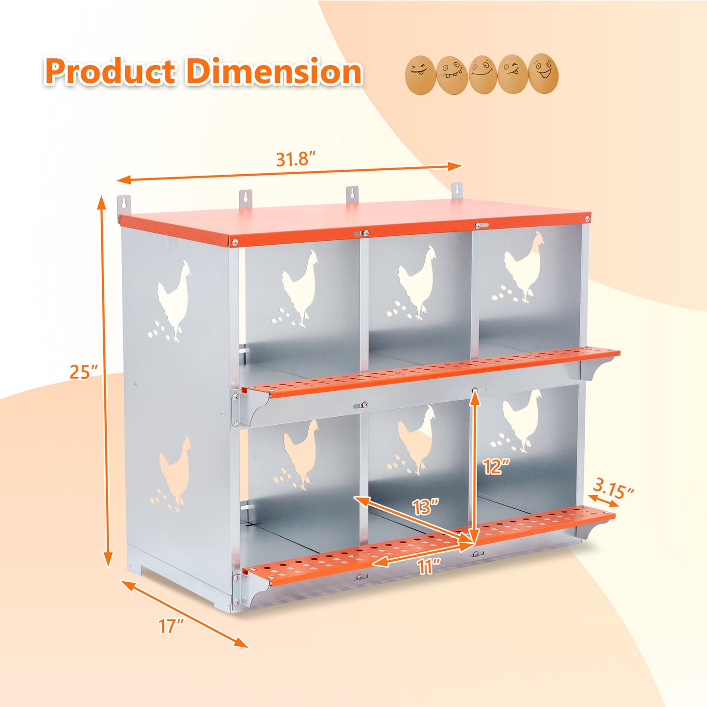 6-Bay Metal Nest Box-Wall Mount For Hens Ducks, Easy Egg  Assembly, Vented Galvanized Steel Coop Equipment Orange