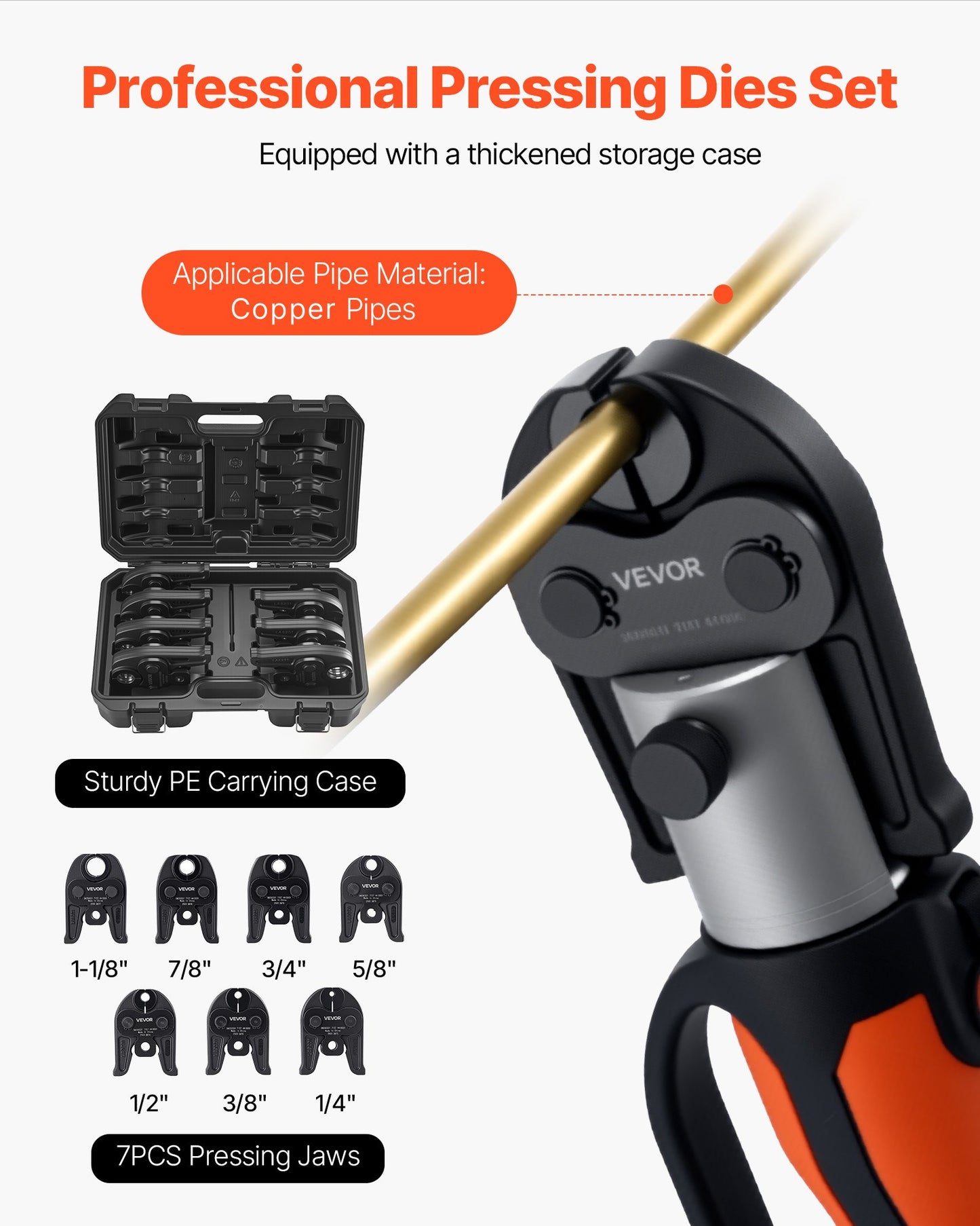 7PCS Pressing Jaws 1/4" To 1-1/8" For RLS Copper Pipes, Compatible With Standard Press Tools, Suitable For High Pressure HVAC/R Applications - With Case