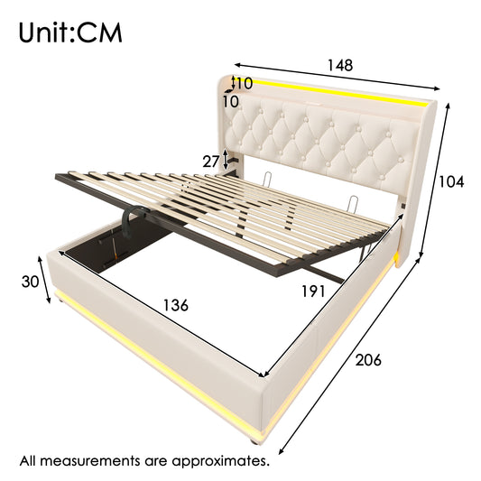 Upholstered Double Ottoman Bed With 360 Surround Led Function,Hydraulic Storage Bed Frame With Large Storage Space, 4ft6 Double Bed Frame With Charging Function,135 X190 ,PU, White