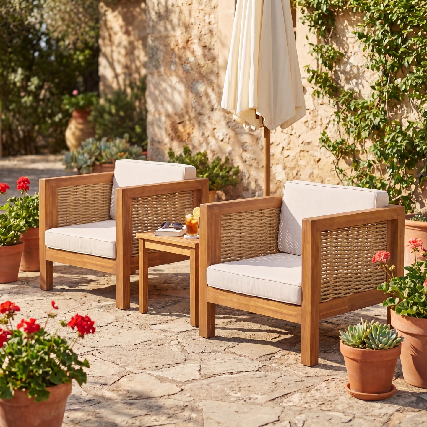 Outdoor Club Chair Set Of 2, Acacia Wood Frame With Wicker Armrest And Beige Cushions,400 Lbs Capacity