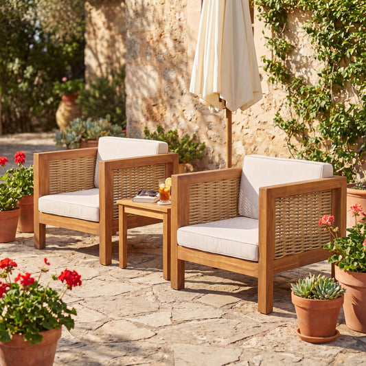 Outdoor Club Chair Set Of 2, Acacia Wood Frame With Wicker Armrest And Beige Cushions,400 Lbs Capacity