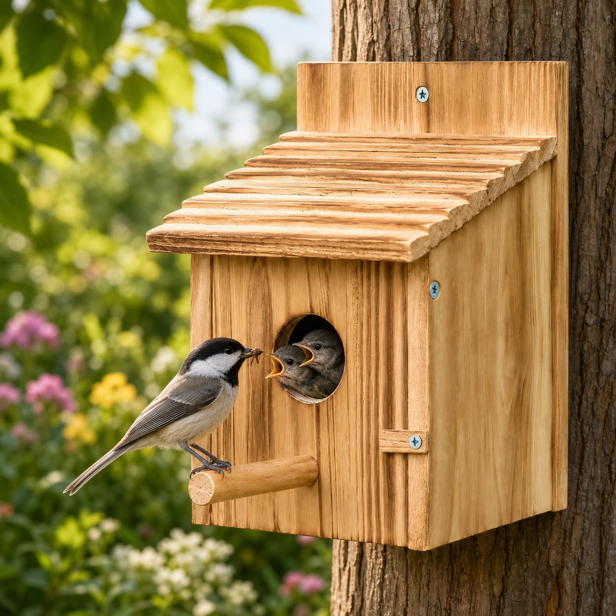 Wooden Bird House For Outside, Hanging Natural Wood Birdhouse With Perch, 1.5in Entrance & Side Clean-Out Door For Bluebirds, Wrens And Finches, Garden Decor