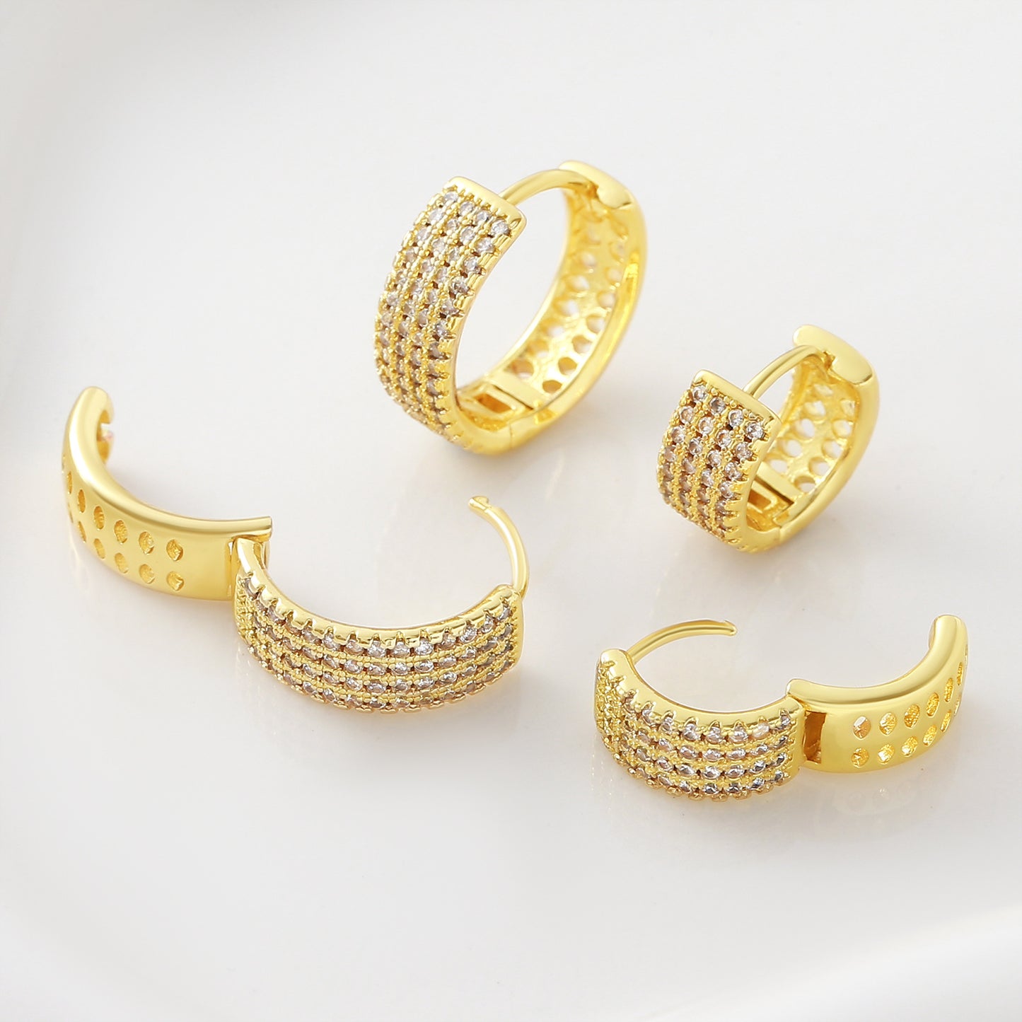 Gold Plated Copper Geometric Wide Hoop Earrings, Four Rows Inlaid Zircon, Minimalist Fashion Luxury Ear Jewelry