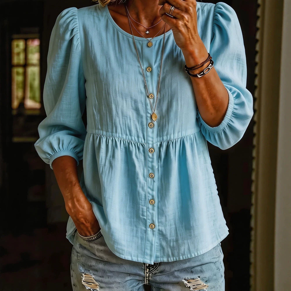 Casual Fashion Solid-Color Three-Quarter-Sleeve Crew-Neck Button-Down Shirt