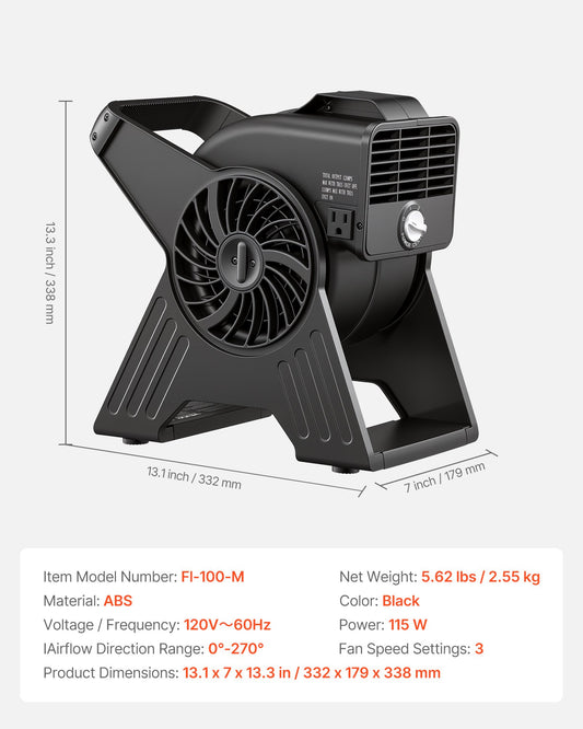 Blower Fan, 13 In Portable Utility Floor Fan, 300 CFM, 3 Speeds, Multi-Angle Airflow, Lightweight Portable High Velocity Air Mover, For Drying, Dehumidifying, Carpets, Air Circulation, Cooling