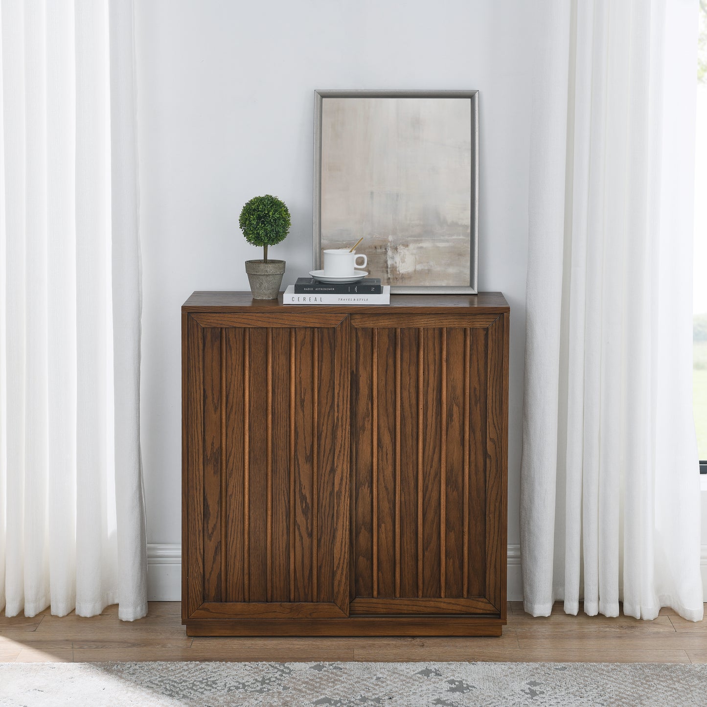 Mid Century Sideboard With 2 Sliding Door & Solid Wood Decorative Strips, Storage Cabinet For Living Room, Kitchen, Dining, Entryway, Hallway