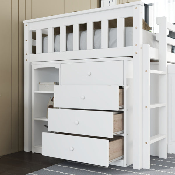 Twin Loft Bed With Storage Cabinet, Drawer And Shelf Cabinet And Pulling-Out Desk, Rubber Wood Loft Bed With Safety Guardrail, Ladder,White