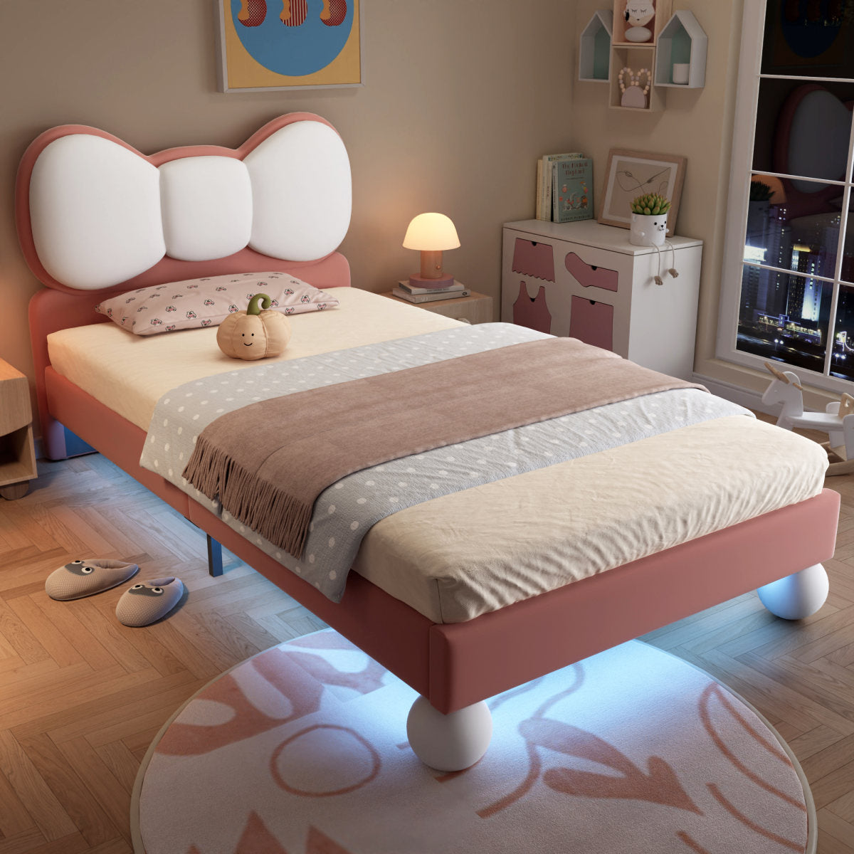 Upholstered Bed, Single Bed, Children's Bed, Bow Tie-Shaped Headboard, Color-Adjustable LED Light Strip Under The Bed, Sturdy Slatted Frame, Velvet, Beautiful Design, Beige  Pink, 90x200cm